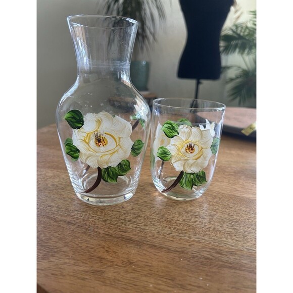 Crystal Glass Bedside Water Carafe With Water Glass Hand Painted Floral 16 Oz - Picture 1 of 5